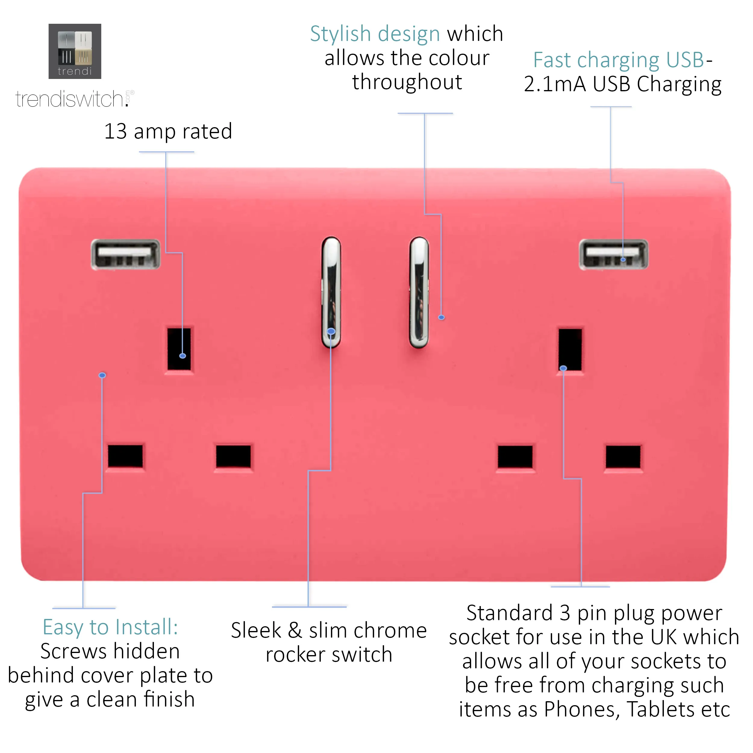 2 Gang 13Amp Short S/W Double Socket With 2x3.1Mah USB Strawberry ART-SKT213USB31AASB  Trendi Strawberry